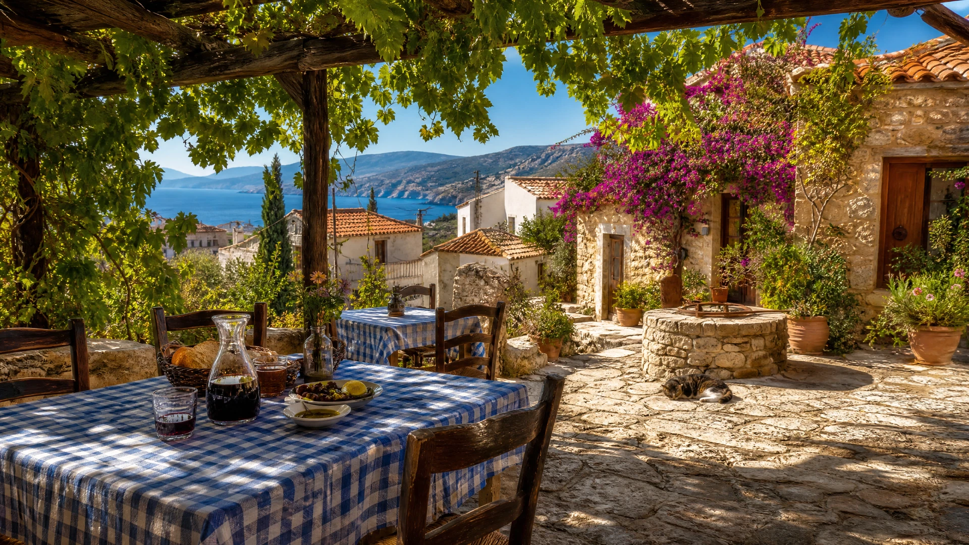 A vine-shaded terrace overlooking the Mediterranean in Cyprus