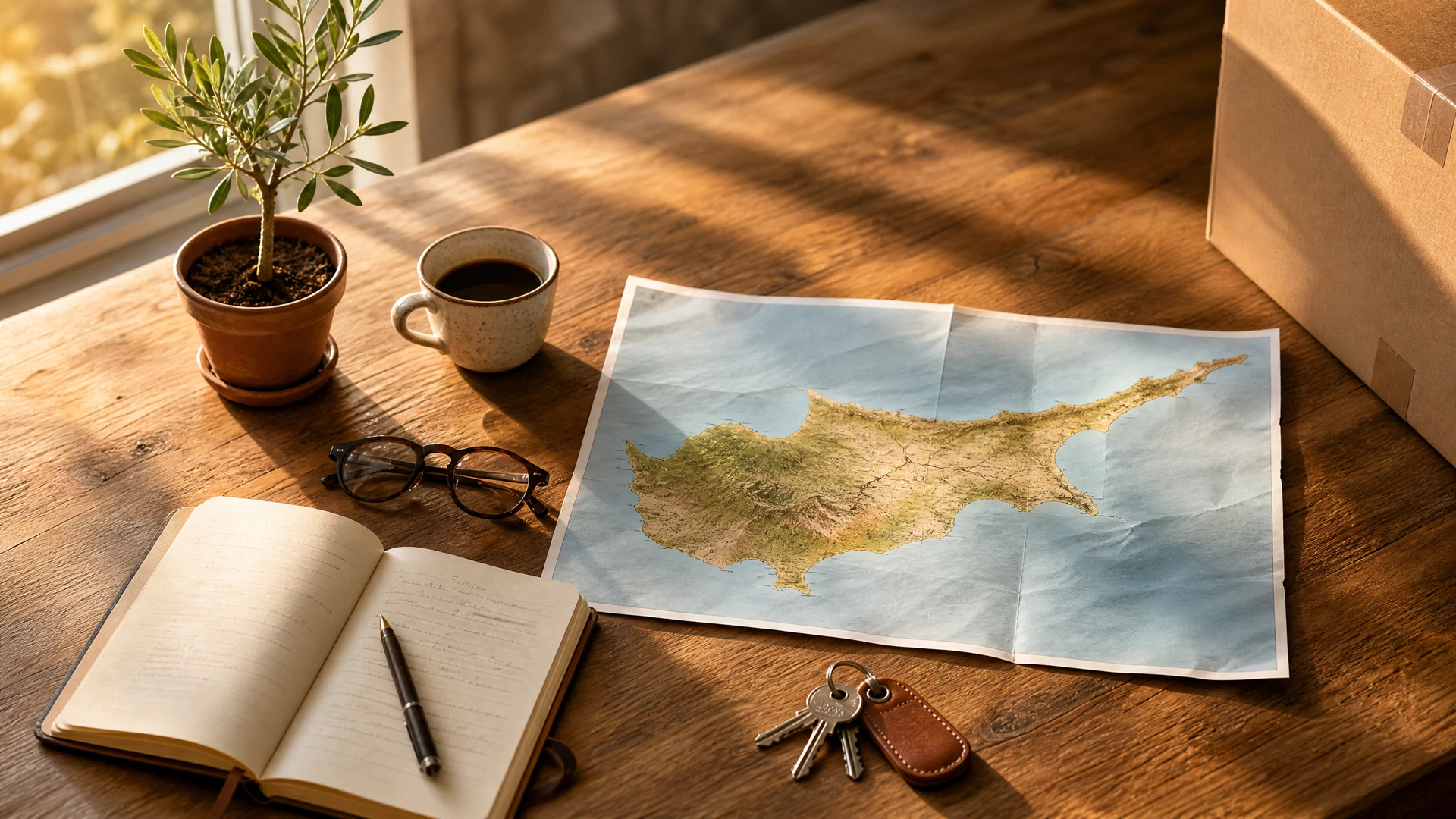 Documents and a map spread on a table while planning a move to Cyprus